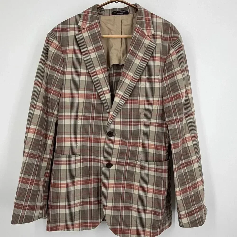 Banana Republic Beige Gray Pink Shabby Chic Plaid Tailored Slim Blazer Size 38